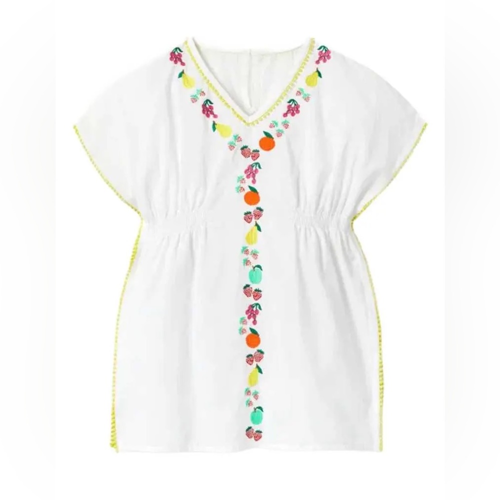 Mini Boden Fruit Embroidered Cover‎ Up 11-12 White Cotton Kaftan Girls Vacation